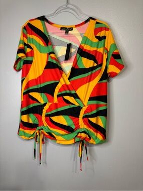 NEW Lexington Avenue 1X Plus Ruched Wrap Top Abstract Print Stretch Blouse